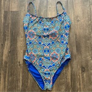 Swim Systems Blue Pattern One Pc Swimsuit Lined Bra Bathing Suit Pool Stretch M